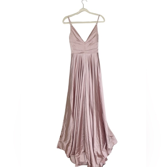 La Femme Mauve Deep V-Neck High Slit Simple Prom A-Line Gown Size 4 - Picture 4 of 6